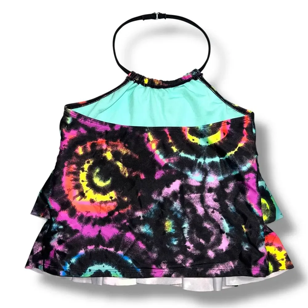 Wonder Nation Girls Tie Dye Tankini Swimsuit Top Ruffled Halter Top Black Large